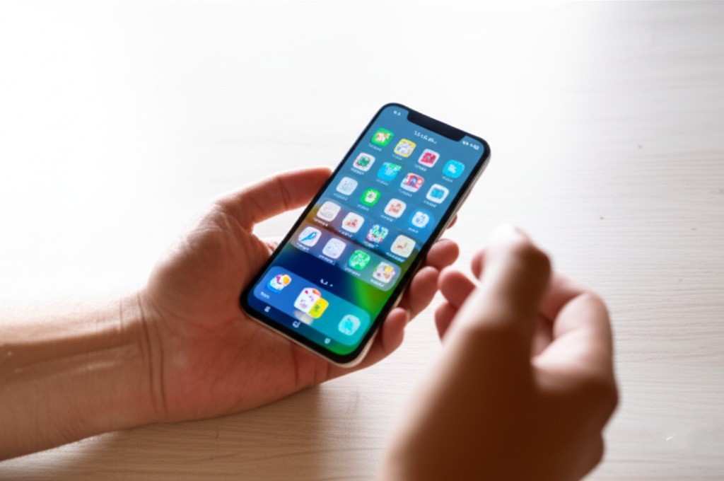 About Us hands holding the latest smartphone or smartwatch, preferably on a desk with clean lighting