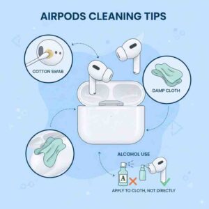 Infographic-style illustration with AirPods and callouts for each cleaning tip