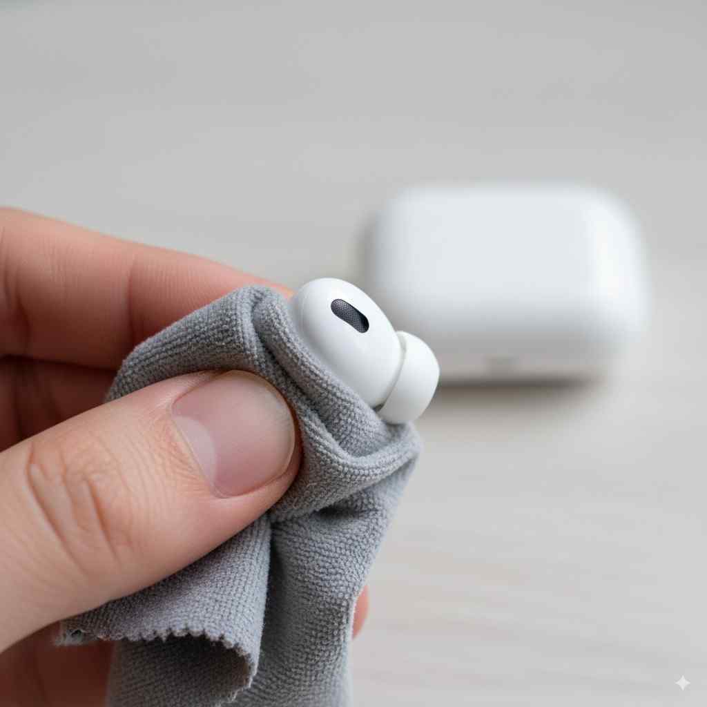 photo of AirPods being wiped with a microfiber cloth