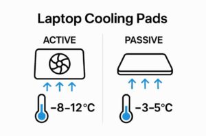 Infographic comparing temperature reduction of active versus passive laptop cooling pads.
