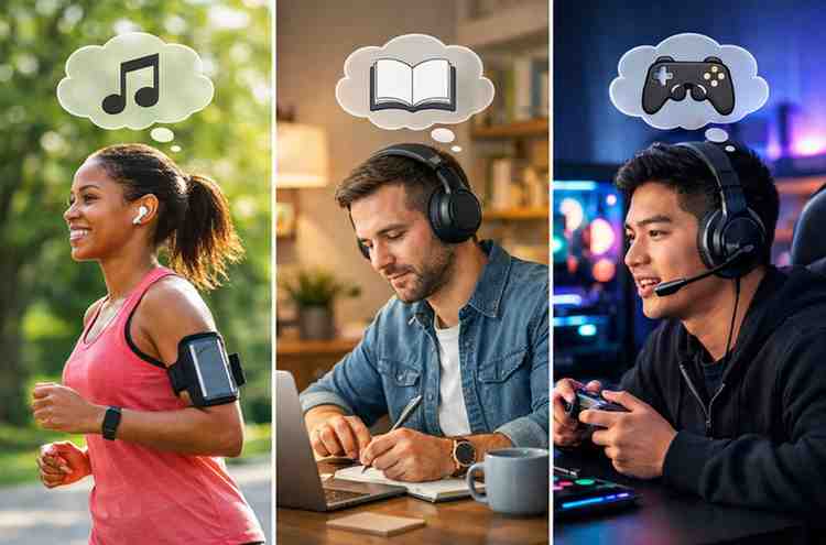 Detailed () image for the 'Understanding Your Headphone Needs' section. It shows a diverse group of people engaged in