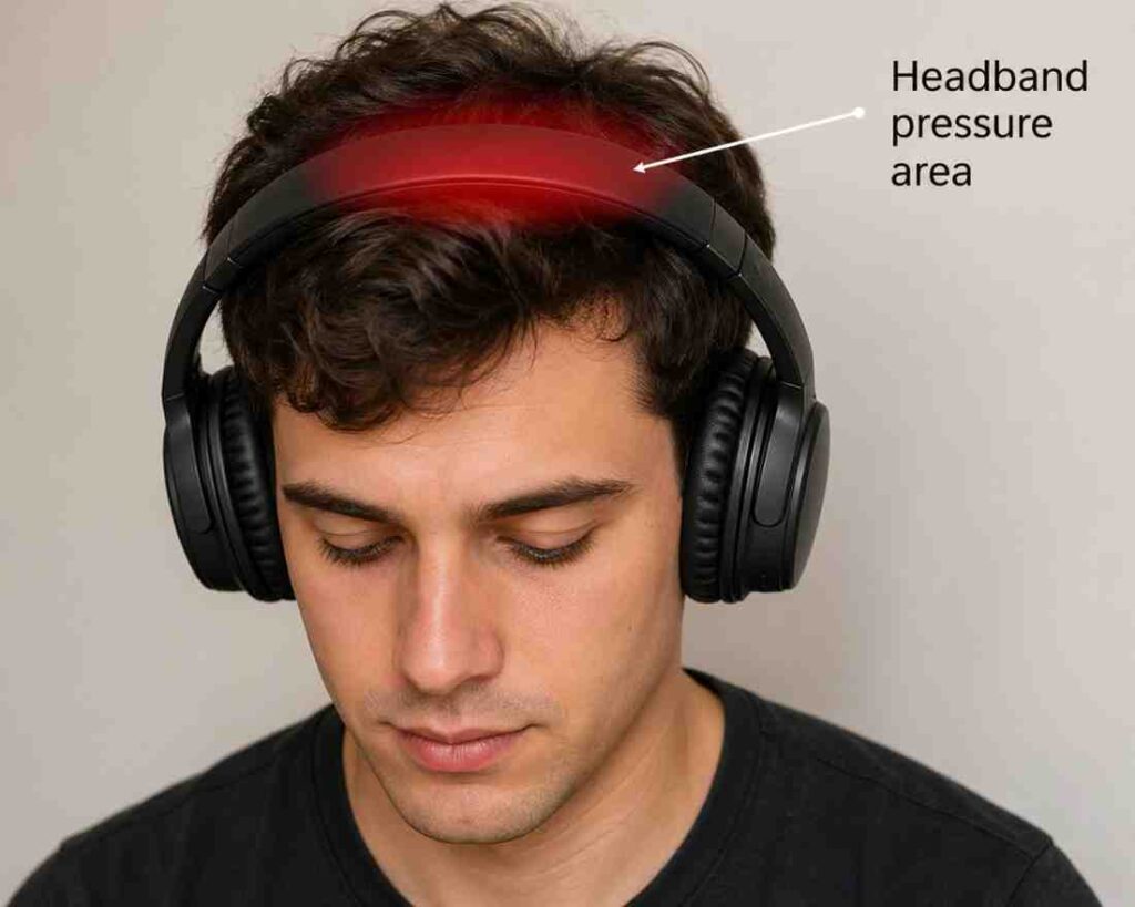 Person wearing over-ear headphones showing headband pressure area on scalp