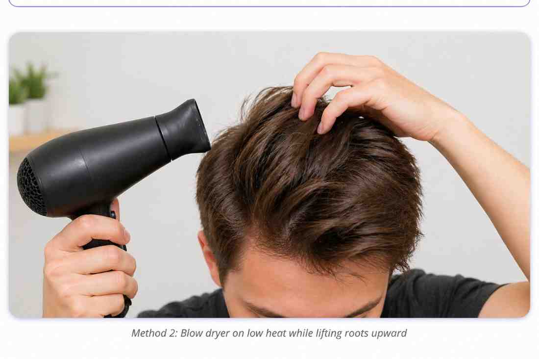 Person using blow dryer on low heat while lifting
hair roots upward with fingers to fix headset dent