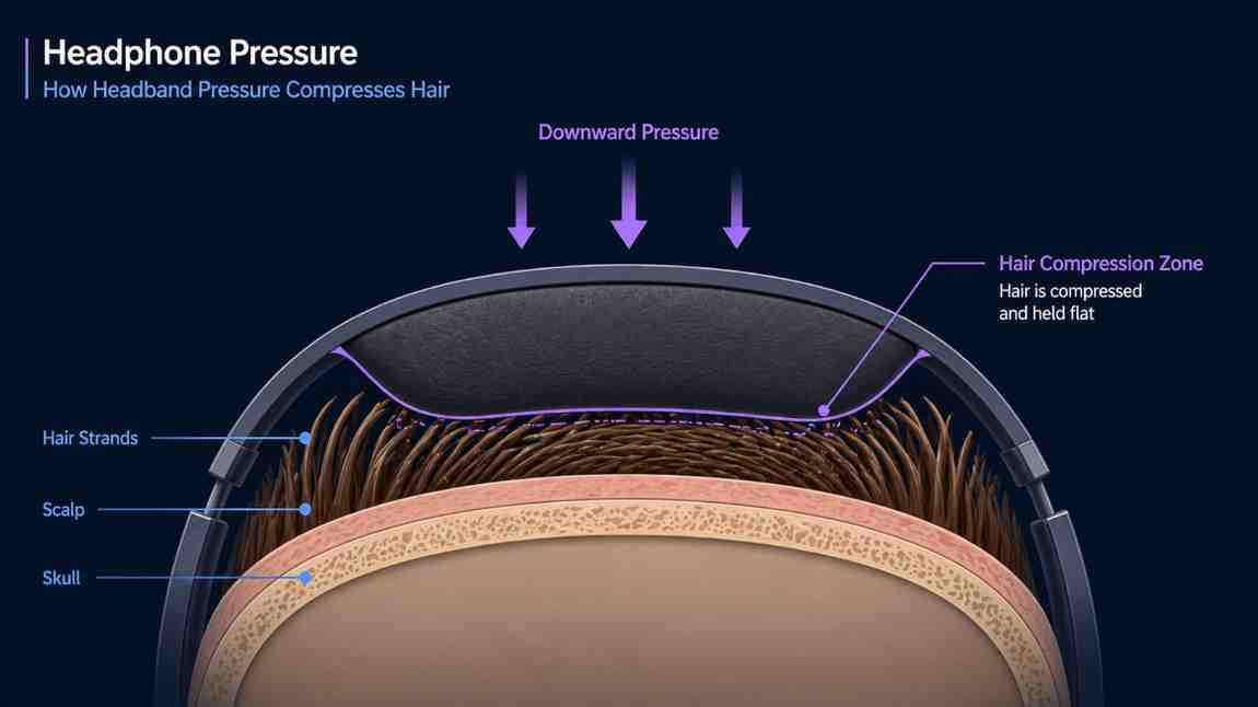 Diagram showing how headphone headband pressure compresses hair strands flat against the scalp