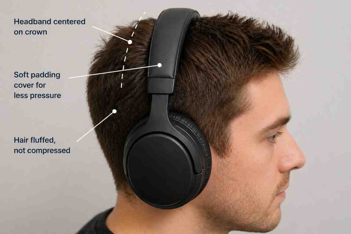 Proper headphone headband positioning to prevent
hair dent — headband centered and slightly padded