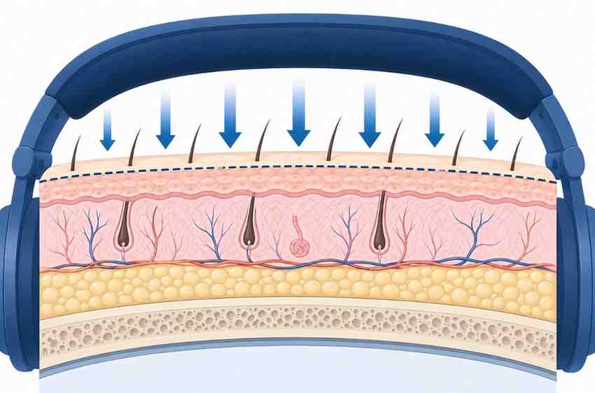 Cross-section diagram showing skin, hair, and skull layers — headphone pressure affects only surface tissue