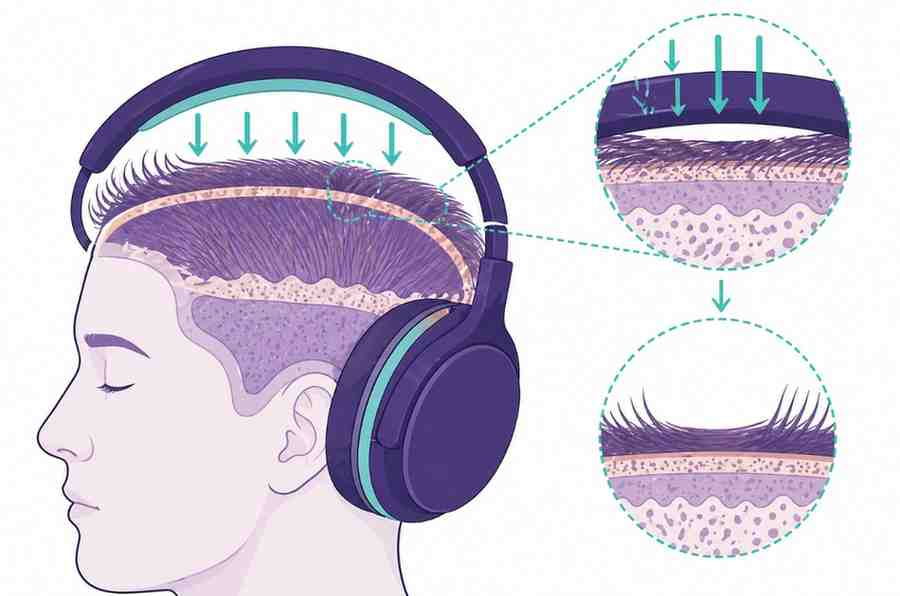 Diagram showing how headphone headband pressure
compresses hair shaft to create a dent