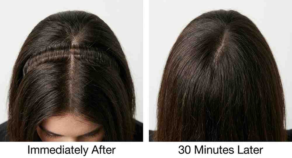 Before and after comparison showing headset dent disappearing within 30 minutes of removing headphones