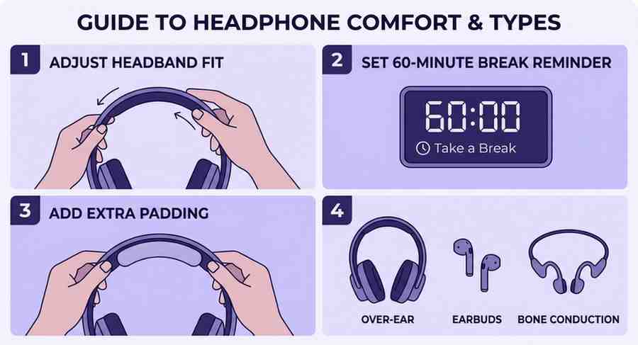 Four prevention steps for headset dent: adjust headband, take breaks, add padding, rotate headphone styles