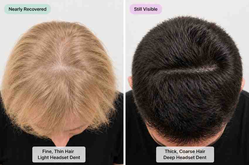 Side by side comparison of thin hair and thick hair
showing different headset dent recovery times