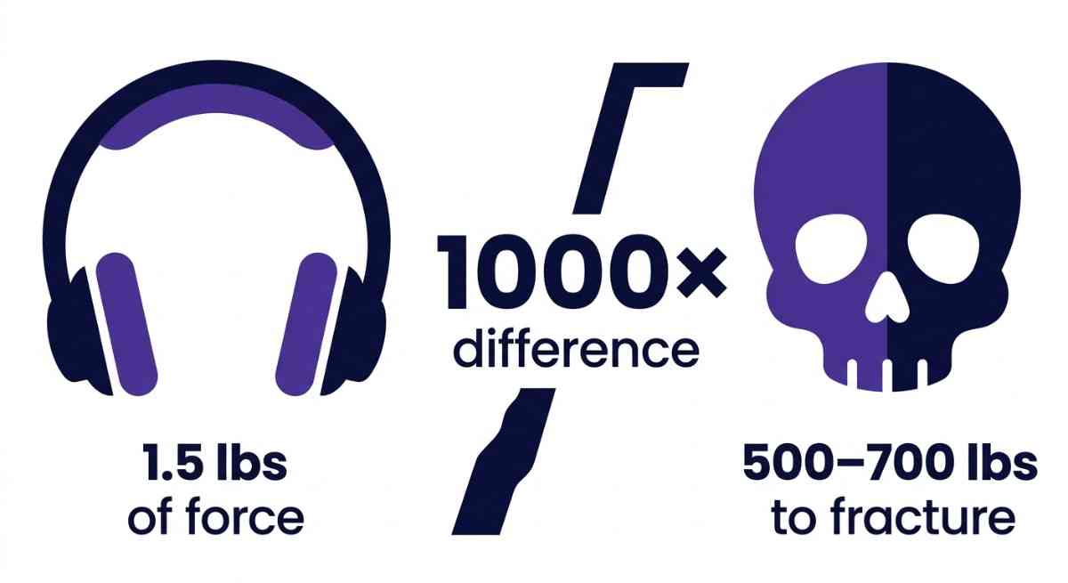 Infographic comparing headphone clamping force (1.5 lbs) versus skull fracture threshold (500-700 lbs)