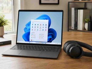 Windows laptop with Bluetooth headphones nearby