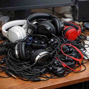 A pile of old wired and wireless headphones on a desk