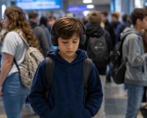 Child wearing headphones in a busy environment