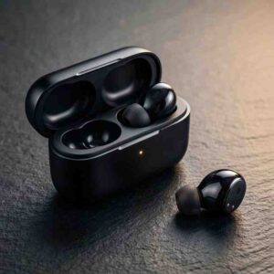 Close-up of a wireless earbud and charging case