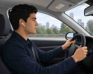 Is It Illegal to Drive With Headphones? Driver wearing earbuds (illustrative)