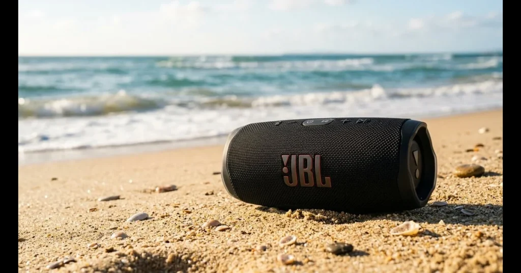 JBL Charge 6 on Miami Beach sand during 21-day outdoor test