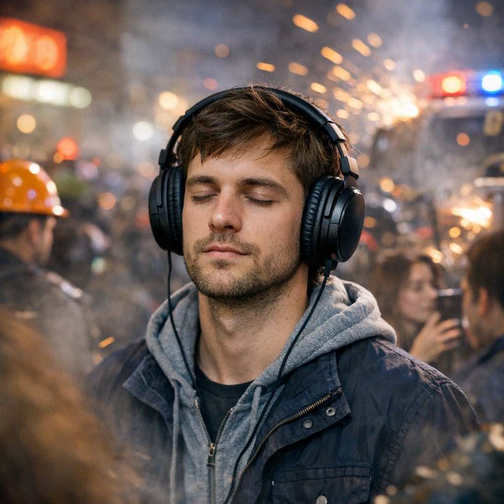 Person wearing over-ear headphones in a noisy environment