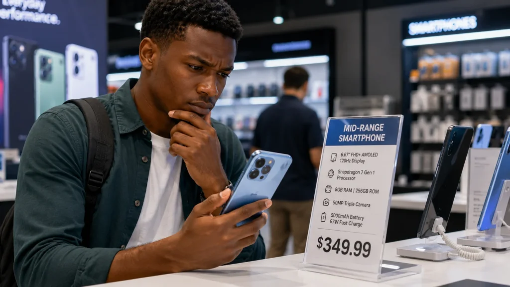 a-shopper-comparing-a-mid-range-phone-against-its-price-tag-at-a-retail-counter