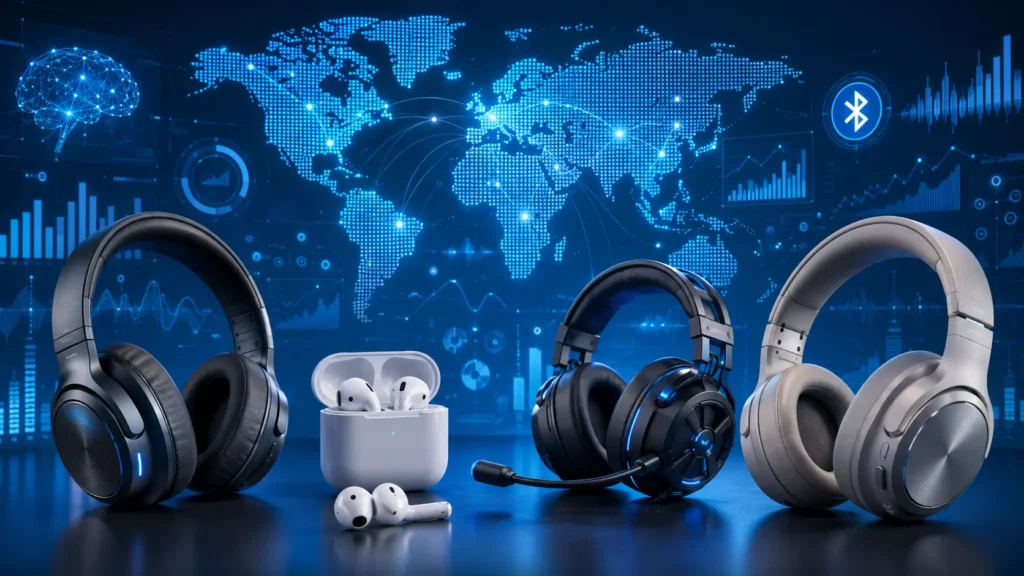 The Headphones Industry Is Changing Fast: New Headphones Statistics Expose Surprising Market and User Behavior Trends Various wireless headphones and earbuds surrounding global market statistics and charts for the Headphones Statistics report.