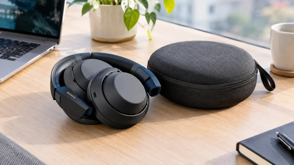 Sony Brings Back the WH-1000XM4 as the XM4C Sony WH-1000XM4C wireless noise-canceling headphones beside their carrying case