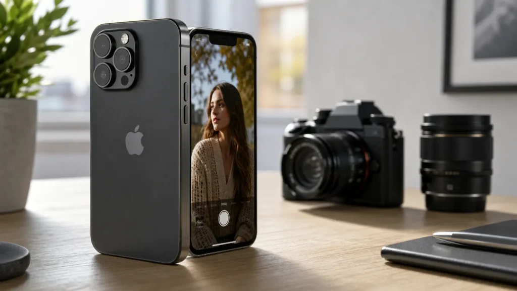 Create an original photorealistic 16:9 editorial technology photograph, minimum 1280px wide, showing a premium modern smartphone inspired by the newly announced iPhone 18 Pro placed on a clean professional photography desk. Show the rear camera module prominently from a three-quarter angle, with the phone displaying a natural portrait photograph on its screen. Place a compact mirrorless camera and professional lens softly out of focus in the background to visually communicate the connection between smartphone photography and traditional camera controls. Use soft natural daylight from a nearby window, realistic aluminum and glass materials, subtle natural shadows, restrained reflections, realistic proportions, premium technology-journalism photography, shallow background separation, neutral modern workspace, authentic consumer-electronics editorial style. No text, no captions, no added logos, no watermarks, no futuristic holograms, no floating objects, no exaggerated neon lighting, no artificial lens flares, no distorted camera module, no hands, no people. The result should look like a professionally photographed technology-news hero image rather than a CGI advertisement.
